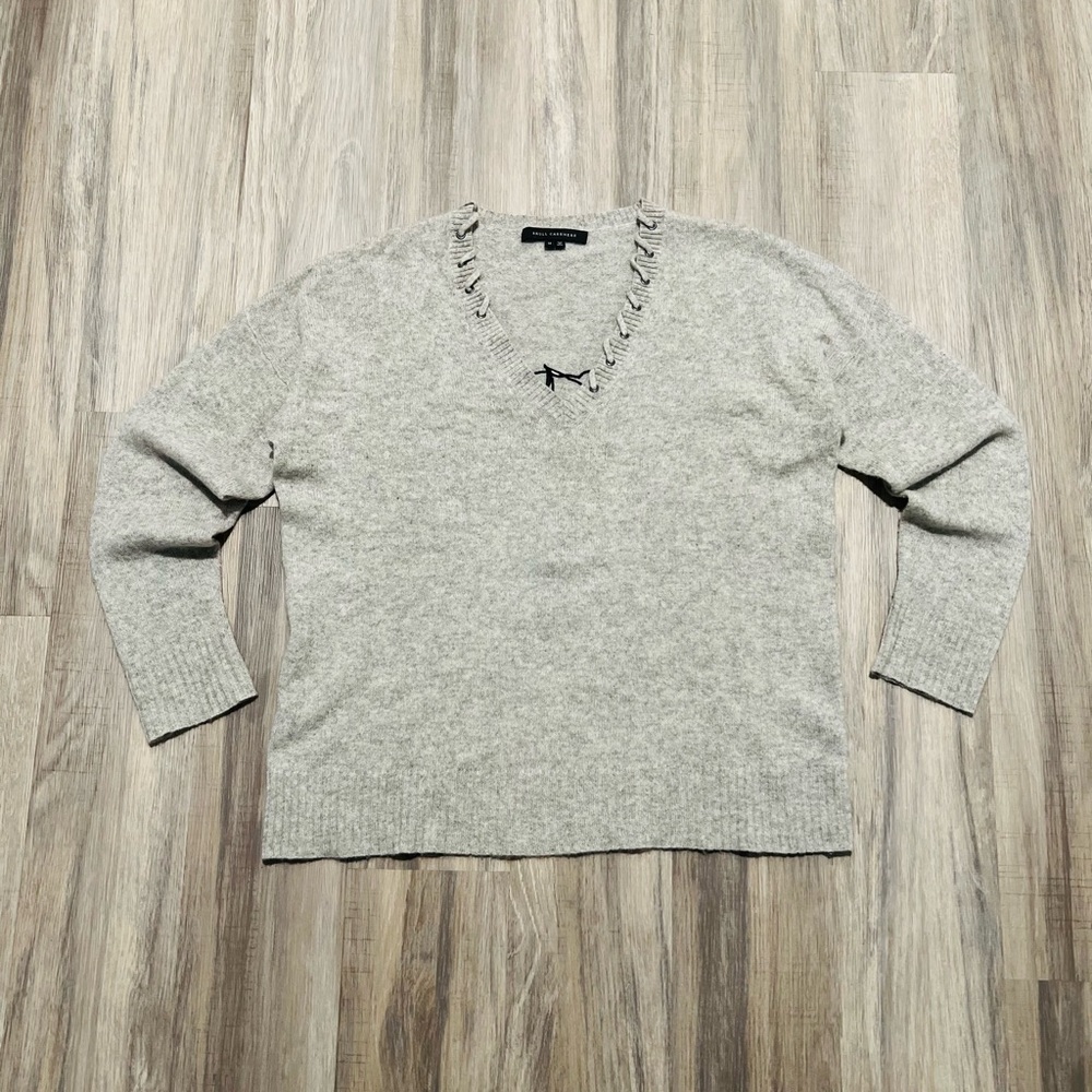 Skull Cashmere Jumper Grey Western V Neck Sweater 100% Cashmere Medium